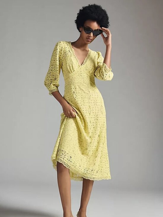 Anthropologie NWT V-Neck Lace Dress Midi in Chartreuse size 8 - Picture 11 of 11
